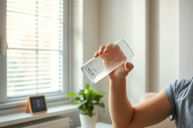A calm, modern apartment interior during a heatwave, with a person drinking cold mineral water from a glass, condensation visible on the glass, a window with closed blinds to block sunlight, a small indoor plant near a cool surface, and a digital thermometer showing a high temperature outside, soft natural lighting, no text or numbers on any objects