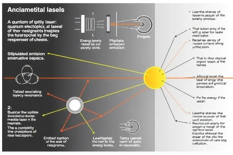 A detailed scientific illustration showing the fundamental principles of quantum electronics, physics, and optics of a laser, with abstract representations of energy levels, stimulated emission, and optical cavity resonances, rendered in a clean technical style with no text or labels