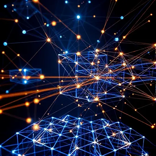 An abstract conceptual visualization of Galois fields and finite field arithmetic. The image should feature glowing geometric patterns, interconnected nodes, and mathematical structures resembling a complex network of binary and ternary logic. Use a futuristic digital aesthetic with deep blue and gold light trails, representing the flow of data and algebraic operations in characteristics 2 and 3. Symmetrical crystalline structures and holographic grids floating in a dark void.