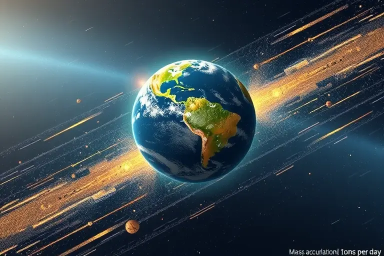 A scientific illustration showing Earth surrounded by a stream of cosmic dust and meteoroids entering the atmosphere, with subtle visual indicators of mass accumulation in tons per day, rendered in a clean, educational style with no text or numbers