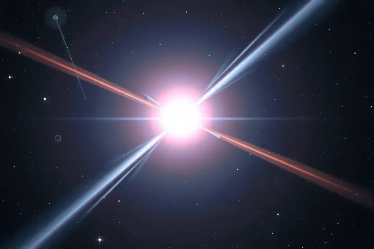 A high-energy cosmic ray particle, named Amaterasu, depicted as a bright, glowing beam of light piercing through the darkness of space. The beam should be surrounded by a faint, ethereal glow, symbolizing its immense power and energy. In the background, depict distant galaxies and stars to emphasize the vastness of the universe. The image should convey a sense of awe and wonder at this groundbreaking discovery in astrophysics.