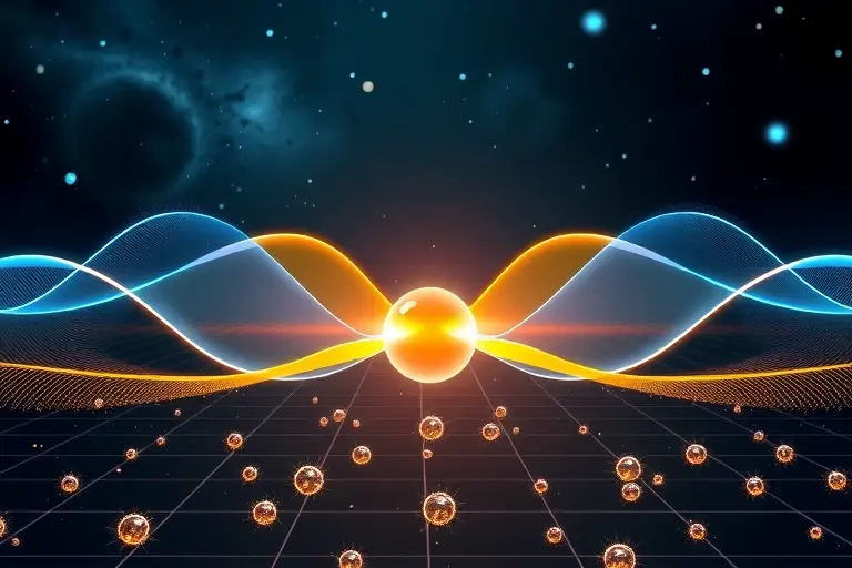 A conceptual scientific visualization of quantum oscillations and interference in meson systems. Depict abstract wave-particle duality with overlapping sine waves of different colors (blue and gold) intersecting to create interference patterns. In the center, stylized subatomic particles as glowing spheres of energy transitioning between two states. The background is a deep cosmic void with a subtle mathematical grid and shimmering quantum foam, cinematic lighting, hyper-realistic physics visual