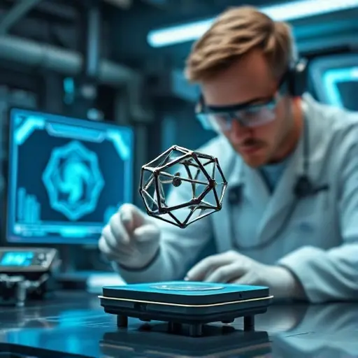 A futuristic laboratory setting with a scientist working on a small, intricate micro-gadget that appears to move on its own. The gadget should have a complex, geometric structure with tiny, moving parts. The scientist is using advanced tools to manipulate the gadget, which is floating slightly above a surface due to some unseen force. The background should include high-tech equipment and a holographic display showing the gadget's design.