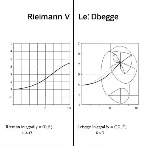 A visual comparison of Riemann and Lebesgue integrals. The image should be split into two distinct halves. The left half depicts the Riemann integral with a function represented by a smooth curve under a grid of rectangles. Each rectangle's width is uniform, and the height is determined by the function's value within that subinterval. The right half depicts the Lebesgue integral with the same function, but the area under the curve is represented by a more complex partitioning using measure sets.