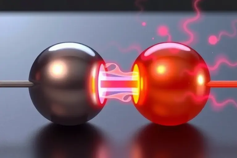 Two metal objects of different temperatures in thermal contact, with heat flowing from the hotter to the colder object, depicted in a realistic scientific illustration showing molecular motion and energy transfer, no text or labels