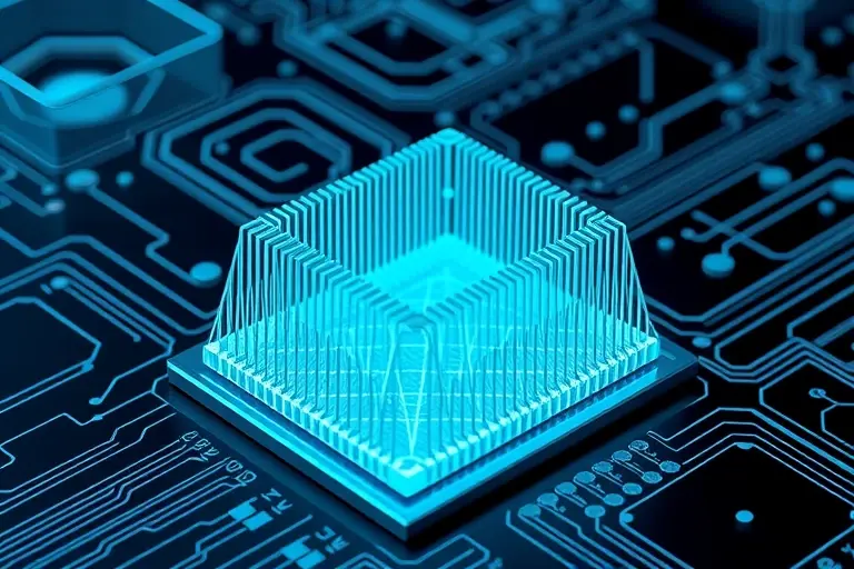 A futuristic topological photonic chip with intricate waveguide patterns forming non-trivial topological structures, glowing with soft blue and cyan light, embedded in a silicon substrate, surrounded by abstract representations of edge states and quantum Hall effects, high-tech laboratory background with subtle circuit diagrams, ultra-detailed, scientific visualization style