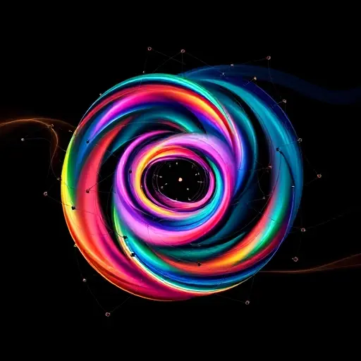 Abstract visualization of a dynamical system. Depict a swirling, colorful vortex representing the phase space. Include interconnected nodes and lines illustrating the flow and transitions within the system. Emphasize the concept of invariant volume with a subtle glowing boundary around the vortex. The overall aesthetic should be clean and modern, conveying complexity and stability.