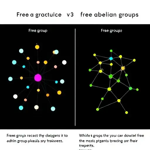 A visual representation of the comparative analysis between free groups and free abelian groups. The image should depict abstract mathematical structures, such as interconnected nodes and lines, to symbolize the group elements and their relationships. Use different colors or patterns to differentiate between the two types of groups. The free group side should show more complex and branching connections, while the free abelian group side should display a more ordered and linear structure. Include