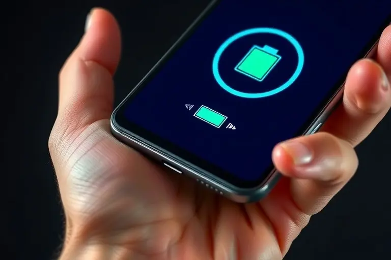A close-up of a hand holding a smartphone displaying a charging battery icon with visible sound waves or visual noise lines emanating from the charging port, indicating a whistling sound, bright studio lighting, high detail, modern tech aesthetic
