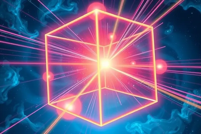 A vibrant, stylized illustration depicting a four-dimensional world visualized as a hypercube (tesseract). Show light rays traveling through the hypercube, illustrating the concept of exceeding the speed of light in a four-dimensional space. The background should be a deep, cosmic blue with swirling nebulae. Focus on the visual representation of the speed of light as a concept within a higher dimension.