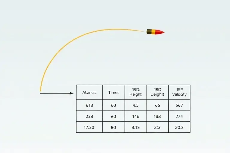 A clean, professional scientific diagram illustrating the trajectory of a bullet fired into the sky, showing the parabolic arc, apex point, and descent path. Include a schematic table overlay with columns for time, height, and velocity, using abstract geometric shapes and lines to represent data without any readable text, letters, or numbers. The background is a neutral gradient sky, and the style is high-quality technical illustration.