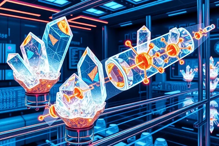 A highly detailed scientific illustration showing crystalline structures resembling time crystals integrated into superconducting circuits, with glowing quantum pathways and abstract representations of Majorana quasiparticles, rendered in a futuristic laboratory setting with holographic displays and precise technical details, style HQ-768-512-h
