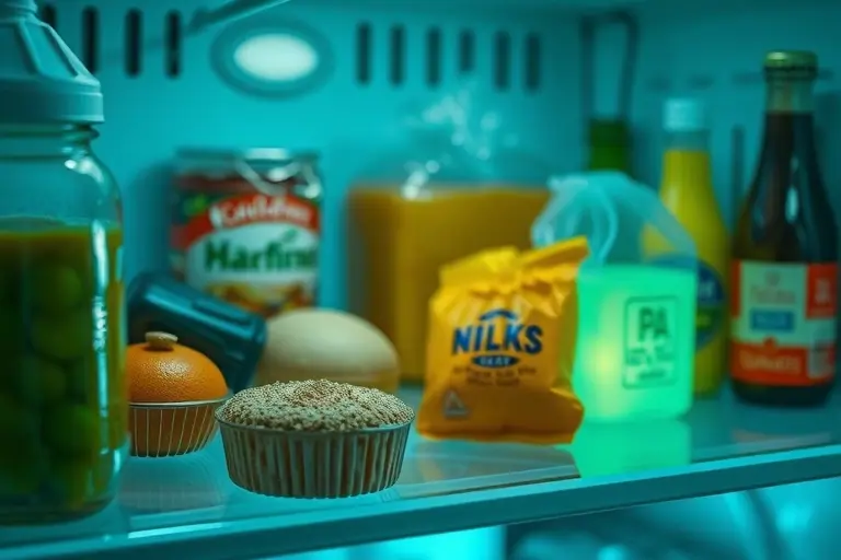 A close-up, detailed image of a refrigerator displaying various food items, some of which appear to be subtly glowing or emitting a faint, otherworldly light. The background should be slightly blurred to emphasize the food. Focus on the textures and colors of the food, hinting at unusual properties without explicitly depicting radioactivity.