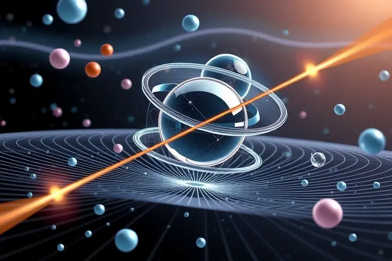 A detailed scientific illustration of the Shapiro effect in quantum systems, showing wavefunction interactions and quantum field distortions around a central mass, with abstract representations of quantum particles and spacetime curvature, rendered in high-quality scientific visualization style