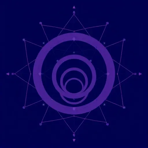 An abstract geometric representation of non-commutative rings with Artinian conditions, featuring interconnected circular and linear elements to symbolize the algebraic structures. The image should include a central ring-like shape with smaller, nested rings inside, representing the hierarchy and relationships within the ring. Use a color palette of deep blues and purples to convey the theoretical and abstract nature of the subject. The composition should be symmetrical and balanced, emphasizing