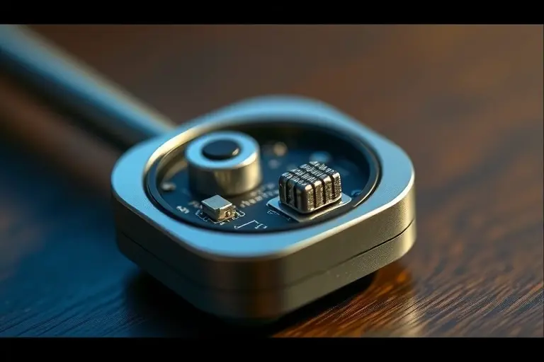 A close-up, detailed illustration of an acoustic keylogger device. The device should be sleek and modern, possibly resembling a small, metallic object. Focus on the internal components that capture sound, such as miniature microphones and sound-sensitive mechanisms. The background should be blurred, emphasizing the keylogger as the central subject.
