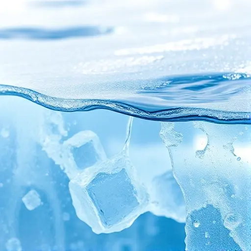 A microscopic view of ice melting, showing the interface between solid ice and liquid water. Depict the movement of the interface and the formation of a thin, mobile boundary layer. Illustrate the mathematical analysis of Stefan's problem in the context of this phase transition. Focus on the physical processes at the interface, not abstract mathematical representations.