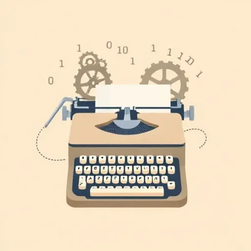 A minimalist illustration of a vintage typewriter with gears and binary code flowing around it, symbolizing the Church-Turing thesis and computability theory, rendered in a clean, flat design with subtle pastel colors
