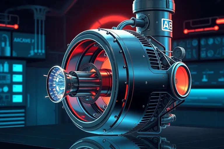 A detailed illustration of a futuristic vacuum engine concept, showing a sleek metallic chamber with vacuum tubes, pistons, and glowing energy flows, set against a dark laboratory background with subtle scientific equipment, emphasizing the mechanical structure and fluid dynamics without any textual elements