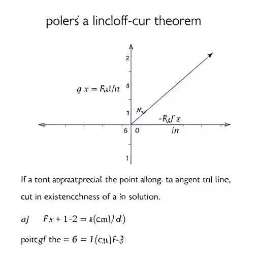A geometric representation of Picard-Lindelöf theorem. Depict a function, a point, and a tangent line. Show the function approaching the point along the tangent line, illustrating the existence and uniqueness of a solution. Include a visual representation of the conditions required for the theorem to hold.