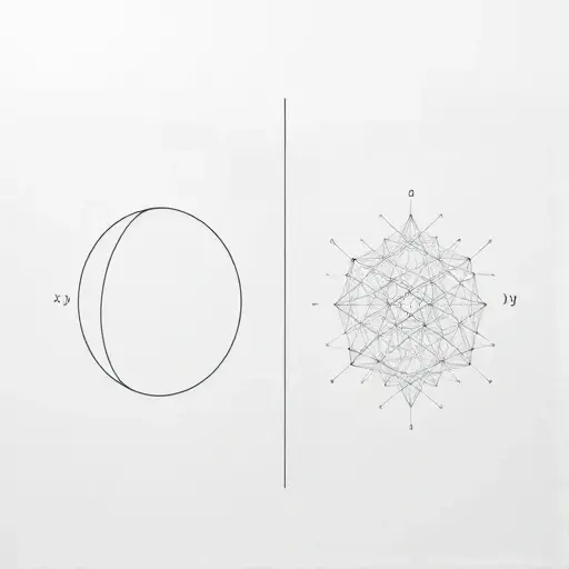 A minimalist abstract representation comparing simple Lie algebras over the complex field and finite fields, featuring two interconnected geometric structures: one side with smooth, flowing complex curves symbolizing continuous symmetry (complex Lie algebra), the other side with discrete, lattice-like points and modular patterns symbolizing finite field structure; subtle algebraic symbols like [x,y] and root diagrams faintly embedded in the background, no text or numerals, monochrome with soft b