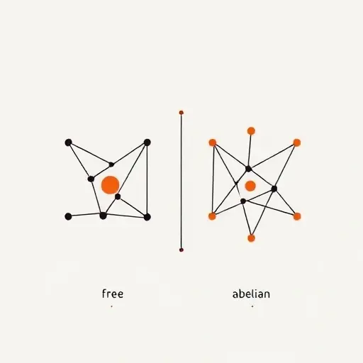 A minimalist abstract illustration representing the concept of free and free abelian groups in mathematics. Use geometric shapes and lines to depict the relationships and differences between these groups. The image should convey the idea of universal properties and categorical distinctions through a clean and modern design.