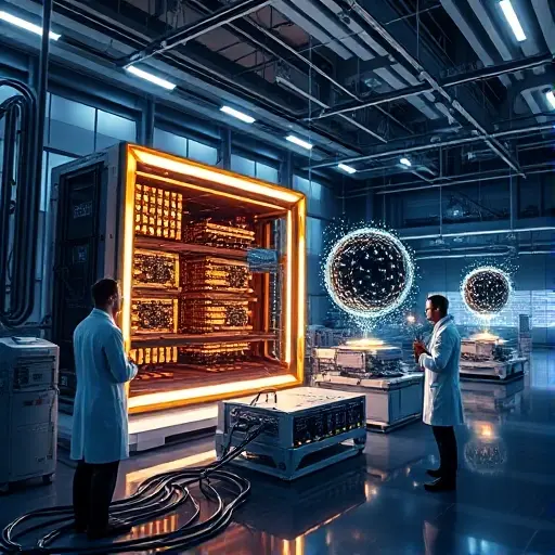 A futuristic laboratory setting showcasing advanced quantum computing technology. The scene should include a high-tech quantum computer with glowing components, scientists in lab coats interacting with the equipment, and visual representations of fractional excitons as glowing, ethereal particles moving through the system. The overall atmosphere should be sleek and modern, emphasizing the cutting-edge nature of the technology.