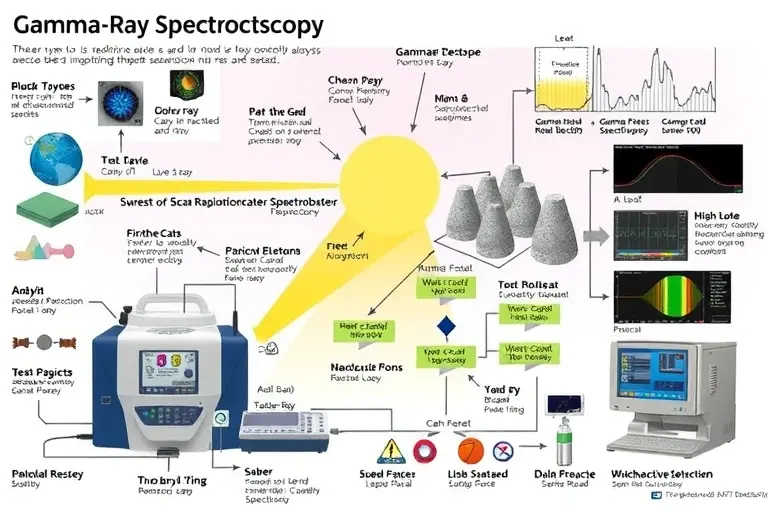 A detailed, scientific illustration depicting gamma-ray spectroscopy analysis of radioactive materials. Include various types of radioactive isotopes, their characteristic emission spectra, and the equipment used for gamma-ray detection and analysis (e.g., gamma spectrometer). The image should convey the process of identifying and quantifying radioactive substances.