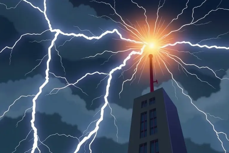 A dramatic illustration of a lightning rod on a tall building during a storm, with lightning striking the rod and the surrounding air showing electric field lines, emphasizing the interaction between the rod and lightning, no text or symbols on the image