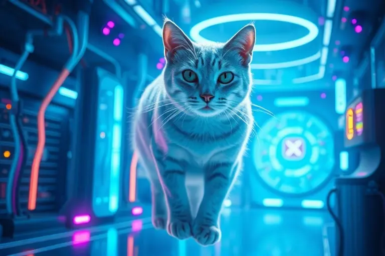 A majestic, larger-than-life cat, half translucent and half solid, floating in a futuristic laboratory filled with glowing quantum circuitry and swirling entanglement patterns. The cat appears both alive and invisible at the same time, with subtle quantum waveforms surrounding it, illustrating a macroscopic Schrödinger's cat in a superposition state. Soft neon blues and purples illuminate the scene, emphasizing the advanced scientific atmosphere without any textual elements.