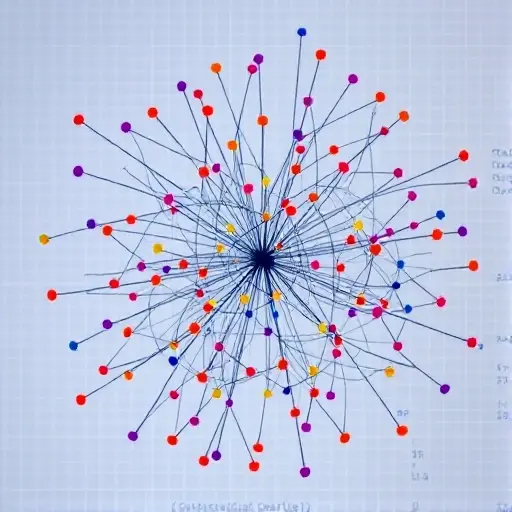 An abstract representation of static code analysis, featuring a complex network of interconnected nodes and lines symbolizing code structure and dependencies. The nodes should be color-coded to represent different elements of the code, such as functions, variables, and classes. The background should be a subtle grid pattern to suggest a digital or computational environment. The overall composition should convey the idea of analyzing and understanding the intricate relationships within the code.