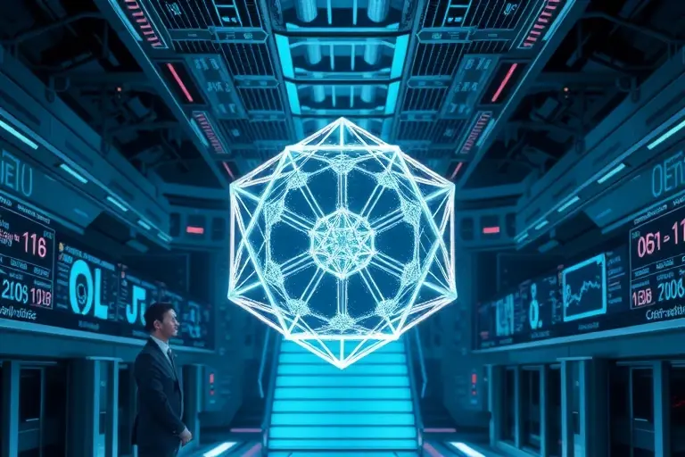 A futuristic laboratory scene showing a glowing, intricate crystal lattice floating in mid-air, surrounded by holographic data streams and scientists in sleek attire observing it, with a sense of advanced technology and scientific discovery