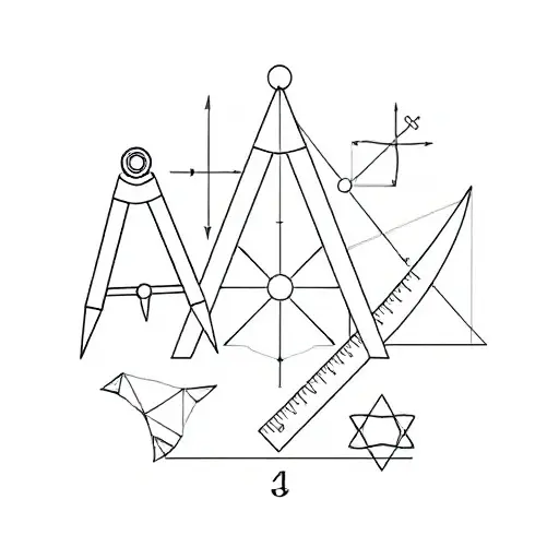 A minimalist black and white line drawing of a geometric construction set representing constructive mathematics and logic, featuring compass, straightedge, and symbolic proof elements arranged in a clean composition, no text or numbers