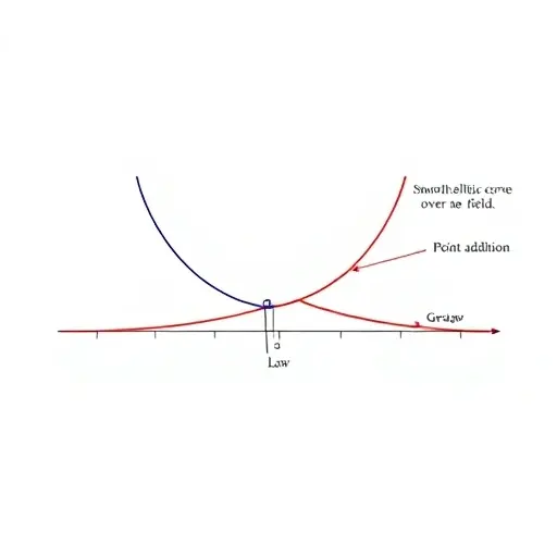 A minimalist mathematical illustration showing a smooth elliptic curve over a field, with annotations of key concepts like group law and point addition, rendered in a clean, precise style suitable for academic diagrams
