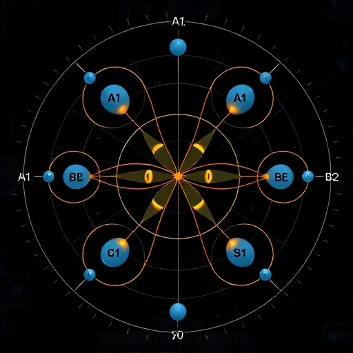 A stylized molecular orbital diagram with symmetric electron clouds arranged in geometric patterns reflecting group theory representations, showing quantum states labeled with symmetry labels (A1, B2, E, etc.) and wavefunction lobes in soft gradients of blue and gold, set against a dark abstract background with faint lattice-like symmetry operations implied by rotational and reflection axes, in a clean, high-detail scientific illustration style