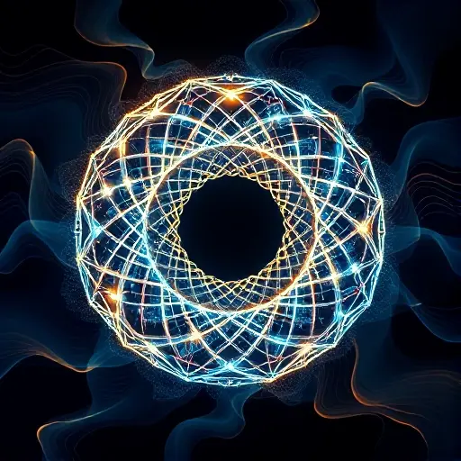 An abstract conceptual visualization of the mathematical concept of an ideal in ring theory: a glowing, intricate lattice structure representing a ring, with subsets highlighted as nested, self-contained sublattices (ideals) that absorb multiplication from the outer ring — depicted with flowing, geometric patterns in deep blues and golds, evoking algebraic harmony and structural closure, no text, no symbols, no numerals, purely visual metaphor
