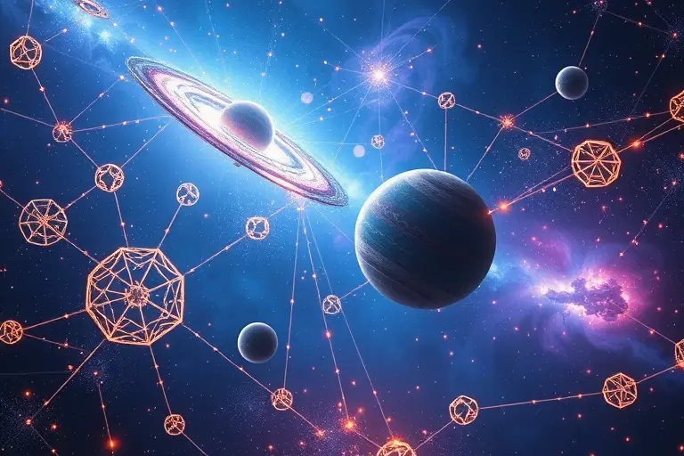 A futuristic concept of cosmic memory: a vast, glowing neural network spanning across galaxies, with stars and nebulae forming synaptic connections, ancient alien artifacts floating in deep space emitting soft light, holographic constellations encoding forgotten knowledge, ethereal data streams flowing like auroras between planets, all rendered in deep cosmic blues, violets, and golds with a sense of infinite wisdom and silent intelligence