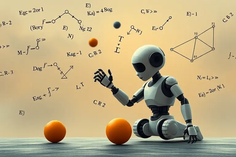 A surreal illustration showing a humanoid robot struggling to perform a simple motor task like picking up a ball, while in the background, complex abstract mathematical equations and neural networks float effortlessly in the air, symbolizing how high-level reasoning is easier for machines than basic physical tasks
