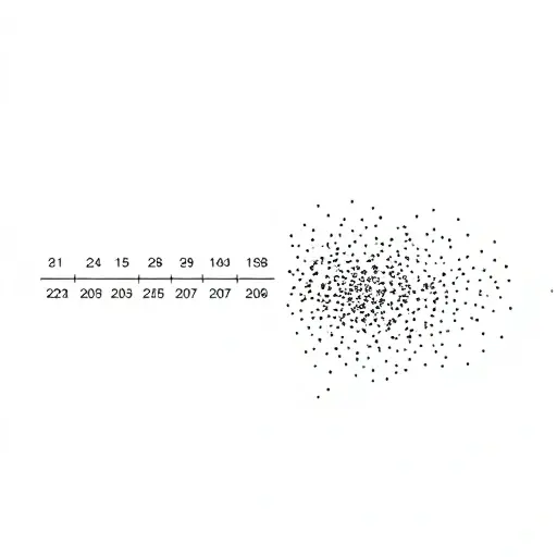 A visual representation of the difference between algebraic and transcendental numbers. On one side, depict a finite set of algebraic numbers as distinct, orderly points on a number line. On the other side, show an infinite, uncountable set of transcendental numbers as a dense, continuous cloud or field, illustrating the concept of the continuum. Use abstract, geometric shapes and a minimalist color palette to emphasize the mathematical nature of the subject.