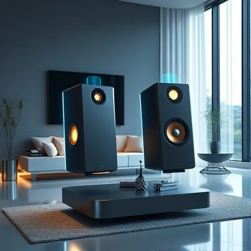 A futuristic living room scene featuring a pair of unconventional speakers that appear to defy physics, with levitating components, glowing energy lines, and a sleek minimalist design, rendered in a smallHQ style