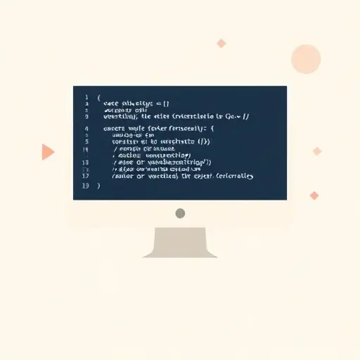 A minimalist illustration of a computer screen showing a code snippet with abstract symbols representing semantic properties, surrounded by subtle geometric shapes that hint at theory and logic, all rendered in a clean, flat design with muted colors