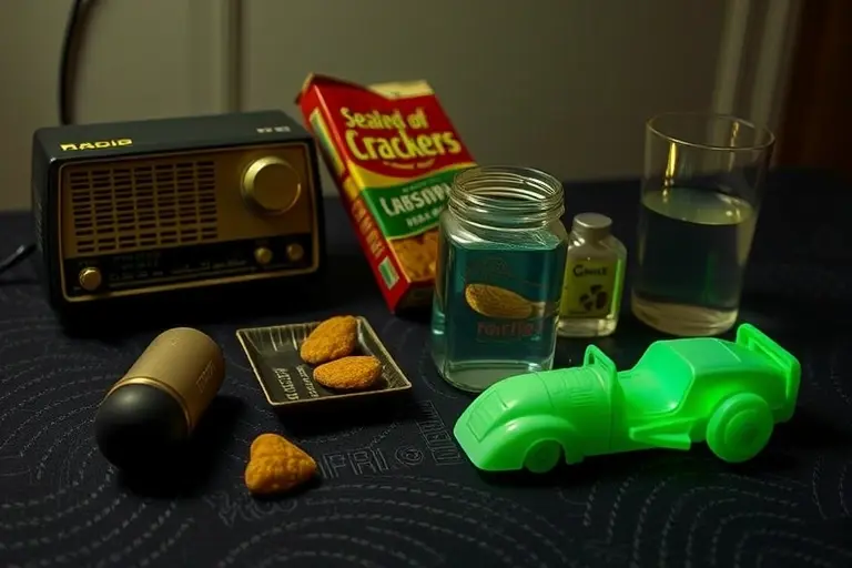 A collection of various everyday objects subtly showing signs of radioactivity – a vintage radio, a sealed box of crackers, a glass of water with a faint green tint, a toy car with a slightly glowing wheel. The objects should be arranged on a dark, textured surface, with a soft, diffused lighting to emphasize the subtle effects.