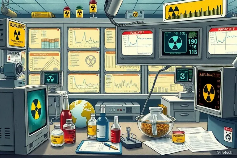 A detailed illustration depicting a scientific laboratory setting with various radioactive materials and equipment. Include Geiger counters, sample containers, and data displays showing radioactive decay rates. The overall atmosphere should be one of scientific investigation and caution. Focus on accurate representation of scientific instruments and equipment.