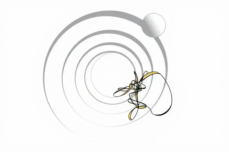 An abstract, high‑contrast illustration visualizing the paradoxes of Cantor and Russell: a swirling vortex of nested circles representing infinite sets, with one circle subtly looping back into itself to suggest a self‑containing set, and a tangled, Möbius‑like ribbon weaving through the circles to symbolize the logical contradiction of Russell's paradox, all rendered in a clean, conceptual style without any textual elements