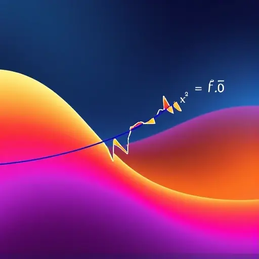 A visually appealing representation of the concept of fractional calculus. Depict a smooth, flowing line that represents a function, with a portion of the line being distorted or fractured to symbolize the 'fractional' nature of the derivative. Use color gradients to show the transition from a smooth to a fragmented state. Include subtle mathematical symbols (like a derivative symbol with a fractional exponent) integrated into the background or as part of the fractured line. The overall image sh