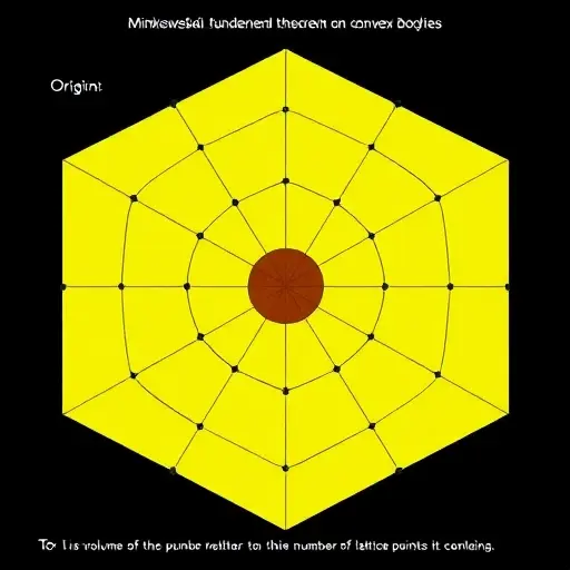 A geometric illustration of Minkowski's fundamental theorem on convex bodies, depicting a convex body in a high-dimensional space with a lattice structure. Show the body centered at the origin with lattice points intersecting it. Highlight the symmetry and the concept of the volume of the body being related to the number of lattice points it contains.