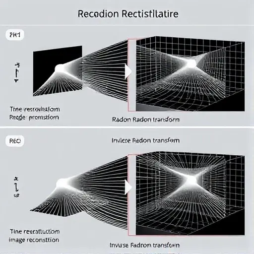 A detailed illustration depicting the Radon transform process and image reconstruction. The image should visually represent a 2D image being transformed into a series of lines (Radon transform), and then these lines being reconstructed back into a coherent image. Show the mathematical concept of the Radon transform with lines projecting from a 3D object onto a 2D plane. The reconstruction should show the process of inverse Radon transform to recover the original image. Use a clean, scientific il