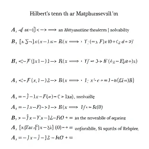 A scholarly illustration of Hilbert's tenth problem and Matiyasevich's theorem, showing a symbolic representation of Diophantine equations, mathematical symbols, and abstract concepts of unsolvability, rendered in a clean academic style