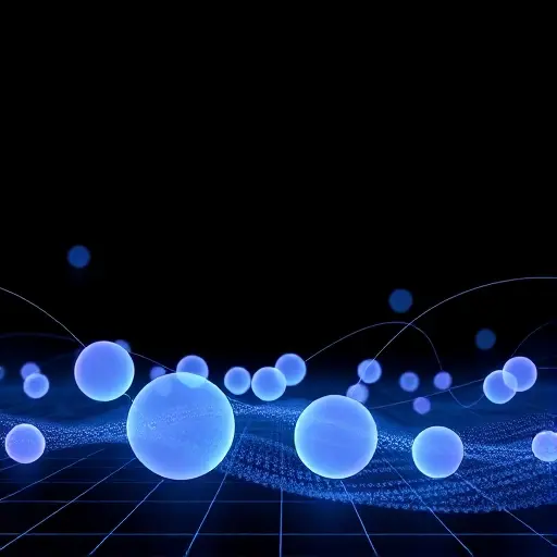 An abstract visualization of quantum particles as indistinguishable entities using fuzzy set theory, with overlapping translucent spheres in soft blue and violet hues, representing quantum states, interconnected by delicate wave-like lines suggesting superposition and entanglement, floating in a dark, minimalist cosmic background with subtle grid patterns implying mathematical structure, no text, no labels, no digits, no recognizable objects