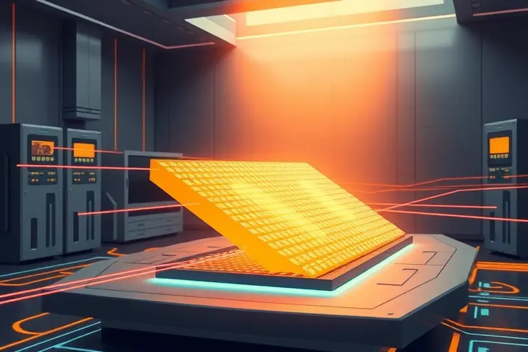 A high-quality scientific illustration showing thermogeneration using metamaterials, featuring a sleek laboratory setup with metamaterial panels emitting controlled thermal radiation, visualized as glowing patterns and heat waves, surrounded by futuristic equipment and abstract energy flow lines, clean background, sharp focus, detailed textures, scientific accuracy, no text or labels
